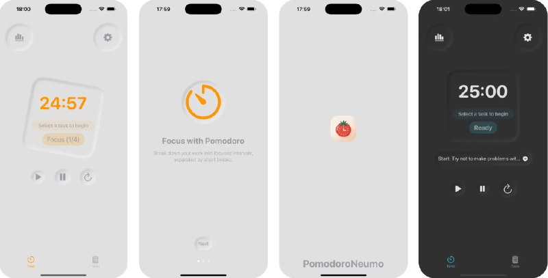 🧭 #应用限免 📂 软件名称：Pomodoro Timer Neumorphism 🍏 支持平台：#iOS 18.2+ 📊 软件价格：￥15.00 -> ¥0.00 🪟 软件简介：一款番茄钟应用，支持自定义专注、短休与长休时长；内置任务管理（优先级、备注、完成标记、为每个任务累计番茄数）；提供进度统计与趋势可视化、连续专注天数、主题切换；到点提醒与后台通知、细腻提示音与流畅动画，营造低干扰、舒适的专注环境