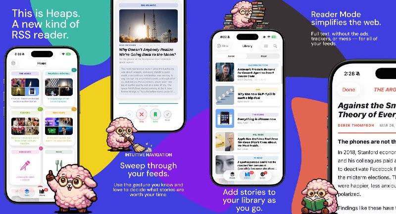 🧭 #优质应用 📂 软件名称：Heaps Reader - Swipe through your RSS feeds! 🍏 支持平台：#iOS 26.0+ 📊 软件价格：免费 🪟 软件简介：一款设计精美的 RSS 和播客阅读器，支持滑动卡片式文章浏览、Apple Intelligence 摘要、阅读器 / 浏览器双模式、播客播放和 iCloud 同步