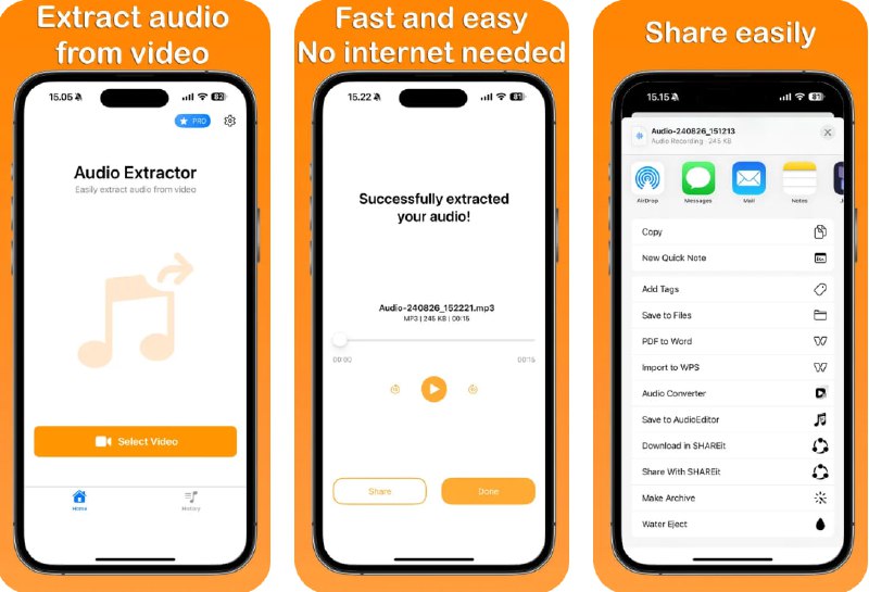🧭 #应用限免 📂 软件名称：音频提取器 🍏 支持平台：#iOS 15.0+ 📊 软件价格：内购限免 🪟 软件简介：一款音频提取应用，帮助您从任何视频中轻松提取音频内容，可在离线状态下使用，您可以将提取后的音频文件分享给朋友或上传至社交媒体，提升视频内容的使用价值
