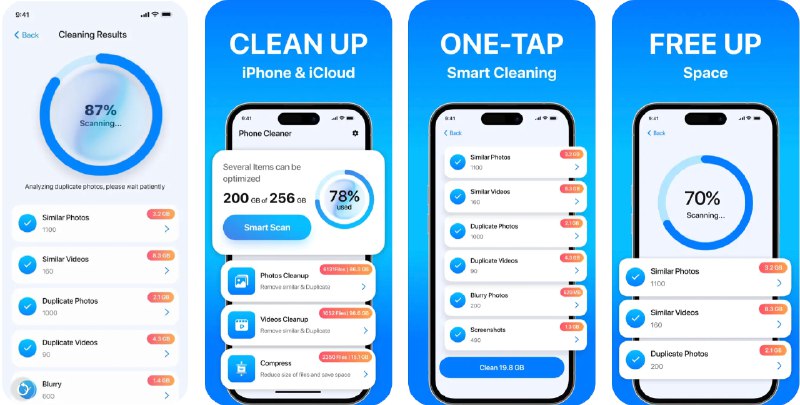 🧭 #应用限免 📂 软件名称：AI Phone Cleanup Delete Photos 🍏 支持平台：#iOS 15.0+  📊 软件价格：内购限免（在 View all plans 中） 🪟 软件简介：一款用于清理设备存储空间的应用，利用人工智能自动删除相似和重复的照片视频、模糊照片及截图等