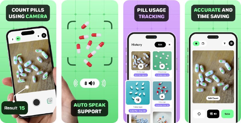 🧭 #应用限免 📂 软件名称：Pill Counter 🍏 支持平台：#iOS 15.0+ 📊 软件价格：￥38.00 -> ¥0.00 🪟 软件简介：一款高效的药丸计数工具，通过拍照或导入图片，应用可自动识别并精准统计各类药片、胶囊的数量，还支持多语言语音播报结果，方便读取
