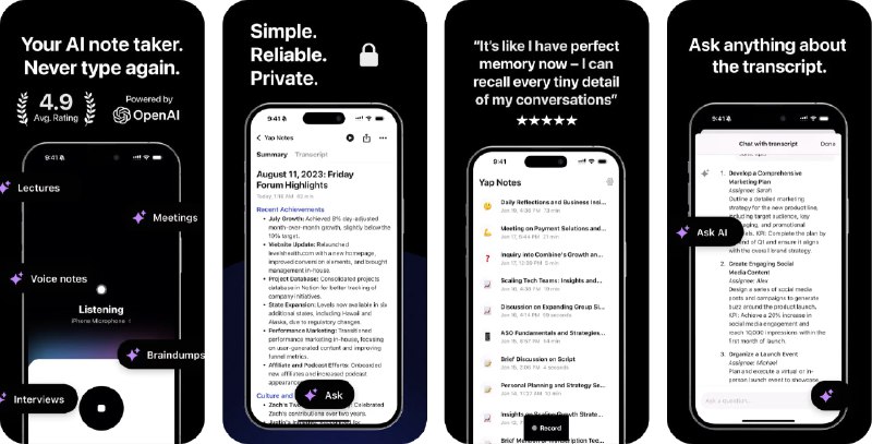 🧭 #应用限免 📂 软件名称：Voicenotes AI - YapNote 🍏 支持平台：#iOS 16.2+ 📊 软件价格：内购限免（打开就黑屏请大退重启） 🪟 软件简介：一款可以将语音录音转化为笔记和文本记录的应用，使用智能 AI 模型即时完成转录和总结