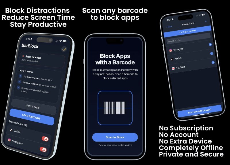🧭 #应用限免 📂 软件名称：BarBlock: Barcode App Blocker 🍏 支持平台：#iOS 15.1+ 📊 软件价格：￥8.00 -> ¥0.00 🪟 软件简介：一款通过扫描实体条码来锁定手机应用的效率工具，用身边任意条码（书本、食品包装等）作为解锁钥匙，创造有意识的使用停顿，帮助减少屏幕时间
