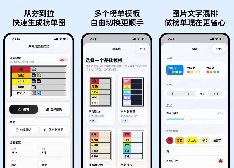 🧭 #应用限免 📂 软件名称：从夯到拉生成器 🍏 支持平台：#iOS 17.6+ 📊 软件价格：￥18.00 -> ¥0.00 🪟 软件简介：离线梯队榜单/图片榜单/排行表格制作工具
