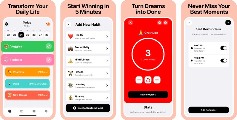 🧭 #应用限免 📂 软件名称：Awesome Habits Daily Share 🍏 支持平台：#iOS 15.0+ 📊 软件价格：内购限免 🪟 软件简介：一款旨在帮助您培养正念习惯的应用，帮助用户轻松追踪每日、每周或自定义的习惯，并通过智能提醒和进度可视化功能，突出小成就，保持动力