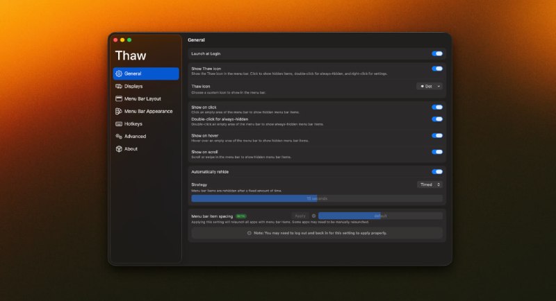 🧭 #优质应用 📂 软件名称：Thaw 🍏 支持平台：#macOS  📊 软件价格：免费 🪟 软件简介：一个 macOS 顶级开源菜单栏管理工具（零遥测、不买断、不订阅，把菜单栏主权彻底还给你）