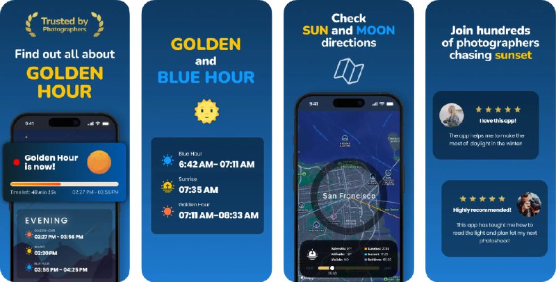 🧭 #应用限免 📂 软件名称：Golden Hour Sunset Photography 🍏 支持平台：#iOS 15.0+ 📊 软件价格：内购限免 🪟 软件简介：一款专为摄影师和户外爱好者打造的日照与光线追踪工具