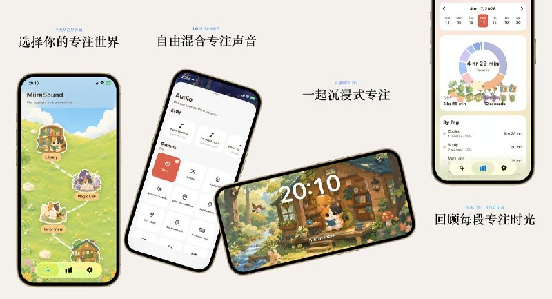 🧭 #应用限免 📂 软件名称：MiiraSound — 沉浸式专注，lofi 和白噪音 🍏 支持平台：#iOS 16.6+ 📊 软件价格：内购限免 🪟 软件简介：一款沉浸式场景白噪音应用，支持书房、咖啡馆、森林小木屋、图书馆、竹林、火星等场景切换，搭配 Lofi 背景音乐和多层白噪音混合