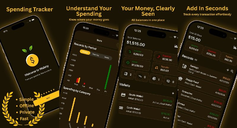 🧭 #应用限免 📂 软件名称：Spending Tracker: Wallety 🍏 支持平台：#iOS 15.1+ 📊 软件价格：内购限免 🪟 软件简介：一款简洁强大的记账应用，支持分类记录收支、收据管理、多账户汇总、储蓄目标追踪和可视化图表分析