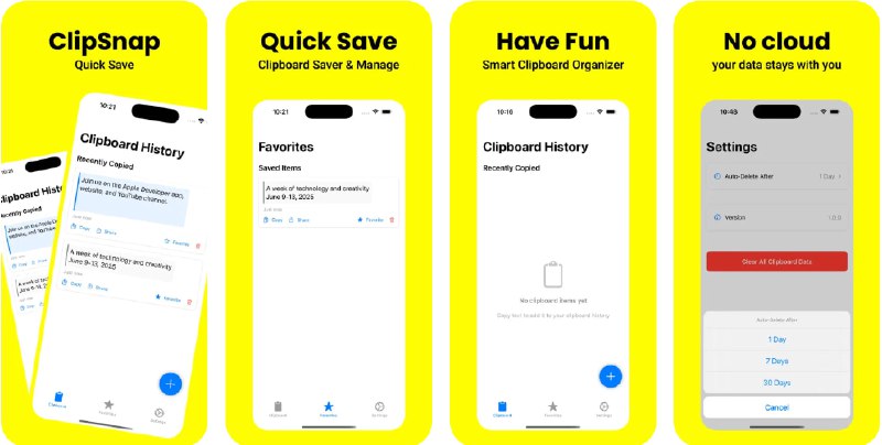 🧭 #应用限免 📂 软件名称：ClipSnap 🍏 支持平台：#iOS 17.0+ 📊 软件价格：¥68.00 -> ¥0.00 🪟 软件简介：一款简洁的智能剪贴板工具