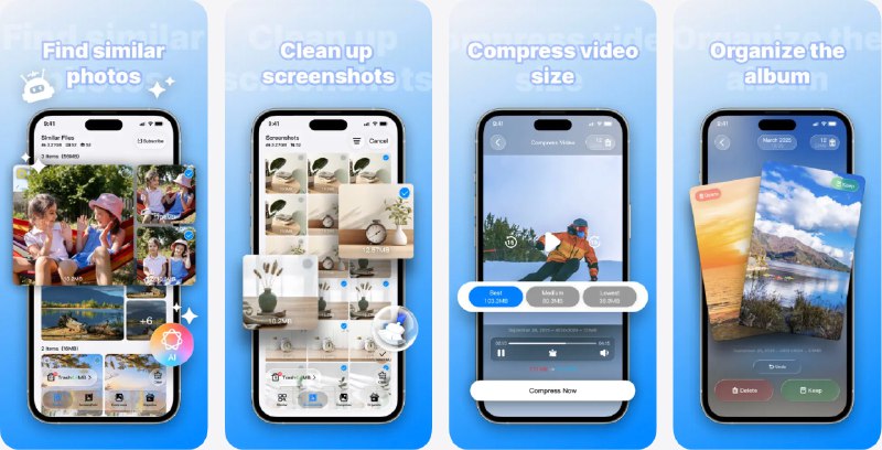 🧭 #应用限免 📂 软件名称：Photo Cleaner - AI FreeUp 🍏 支持平台：#iOS 16.4+ 📊 软件价格：内购限免（跳过试用后点击右上角 VIP） 🪟 软件简介：一款智能存储优化工具，利用 AI 技术，帮助用户快速删除重复照片、无用截图及大型视频，一键释放大量存储空间