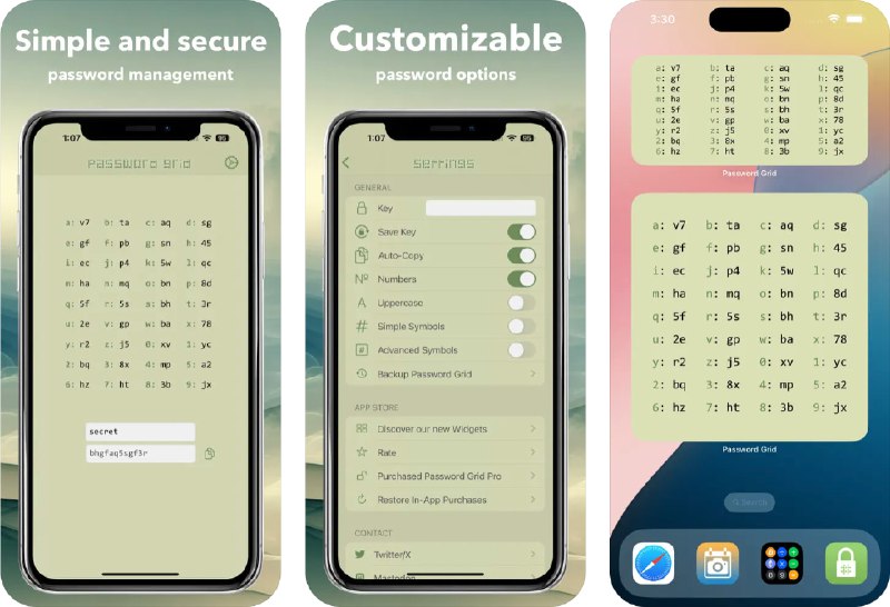 🧭 #应用限免 📂 软件名称：Password Grid - Secure Manager 🍏 支持平台：#iOS 17.0+ 📊 软件价格：内购限免 🪟 软件简介：一款简单又安全的密码生成器，帮助您轻松创建复杂且安全的密码，只需选择一个简单的关键字，应用会生成一个字符网格并将其转换为强密码，例如“secret”变为“8A2sN34v2s5T”