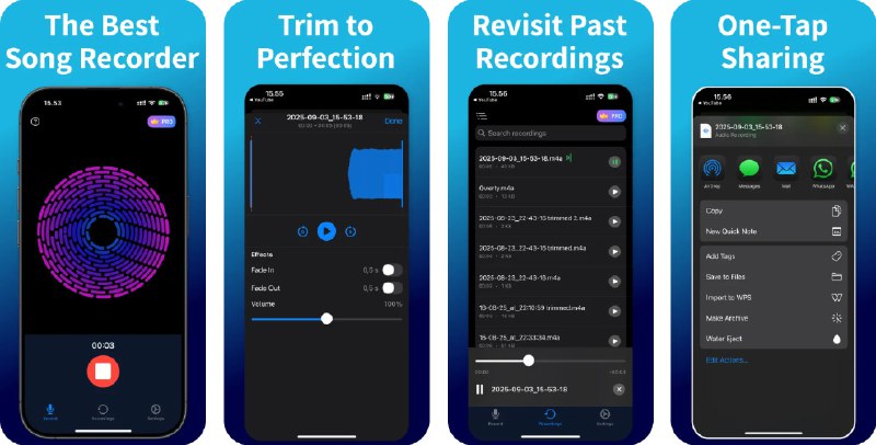 🧭 #应用限免 📂 软件名称：Song Recorder 🍏 支持平台：#iOS 16.0+ 📊 软件价格：内购限免 🪟 软件简介：一款简单易用的录音工具，适合录制歌曲、语音备忘、讲座、会议等多种场景