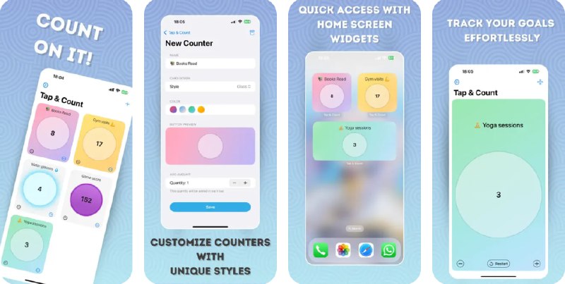🧭 #应用限免 📂 软件名称：Tap & Count: Tally Counter + 🍏 支持平台：#iOS 17.0+ 📊 软件价格：内购限免 🪟 软件简介：一个用于追踪和管理各种需要计数活动的工具