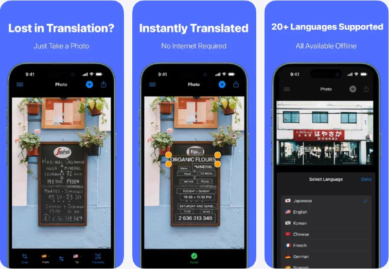 🧭 #应用限免 📂 软件名称：Picture Translator: Translate 🍏 支持平台：#iOS 18.0+ 📊 软件价格：内购限免 🪟 软件简介：一款支持离线使用的智能图片翻译工具，采用先进OCR技术和本地AI翻译，只需拍照即可识别并翻译菜单、招牌、文件等文字内容，支持超过10种语言，可自动识别语言，翻译结果会直接覆盖在原文上，清晰易懂，帮助你在国外、偏远地区时无障碍交流