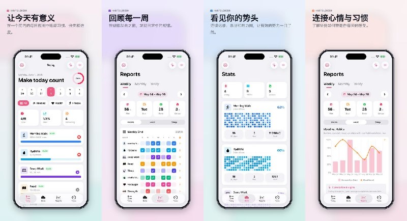 🧭 #应用限免 📂 软件名称：习惯打卡：日常与目标｜每日目标、专注与连续记录 🍏 支持平台：#iOS 18.0+ 📊 软件价格：内购限免 🪟 软件简介： 一款简洁的每日习惯打卡应用，支持养成与戒除习惯、Apple 健康同步（步数 / 睡眠 / 饮水 / 正念等）、连续记录护盾、智能风险提醒、专注计时器、心情记录和主屏幕 / 锁屏小组件