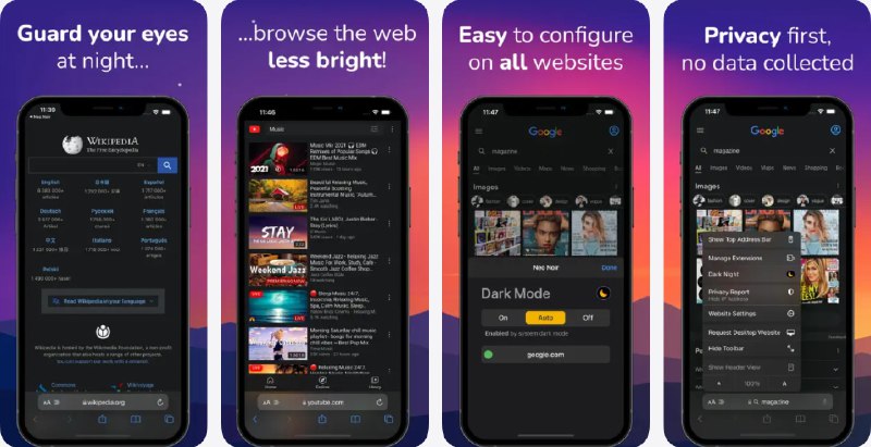 🧭 #应用限免 📂 软件名称：Dark Night - mode for Safari 🍏 支持平台：#iOS 15.0+ 📊 软件价格：免费 🪟 软件简介：一款为 Safari 浏览器带来深色阅读体验的扩展工具，它能够为你访问的每一个网页自动添加美观且护眼的夜间主题，显著缓解夜间浏览的视觉疲劳