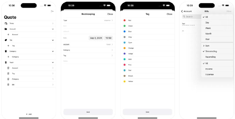 🧭 #应用限免 📂 软件名称：Quote:极简记账 🍏 支持平台：#iOS 17.5+ 📊 软件价格：¥3.00 -> ¥0.00 🪟 软件简介：一款用于管理个人财务的应用，您可以创建多个账户、标签和类别以区分不同的收入和支出类型，并提供收入和支出图表分析功能