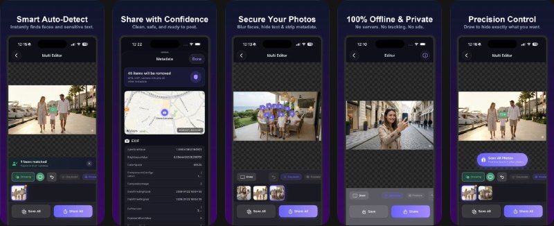 🧭 #应用限免 📂 软件名称：BlurPass - Privacy Photo Editor 🍏 支持平台：#iOS 26.0+ 📊 软件价格：￥8.00 -> ¥0.00 🪟 软件简介：一款专注隐私保护的照片编辑器，通过机器学习技术自动检测并模糊人脸和文本，同时彻底清除照片中的隐藏元数据（EXIF/GPS信息）