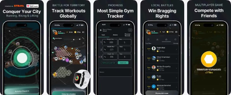 🧭 #应用限免 📂 软件名称：Checkin: Fitness Tracker Game 🍏 支持平台：#iOS 14.0+ 📊 软件价格：内购限免 🪟 软件简介：一款将日常运动变成一场“占地”游戏：你走的每一步、每次跑步、骑行、力量训练都会转化为地图上的六边形领地