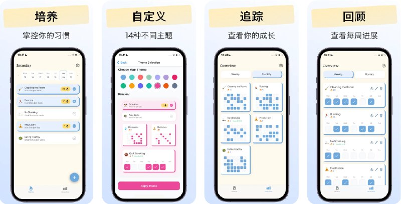 🧭 #应用限免 📂 软件名称：Habit Tracker - Habitor 🍏 支持平台：#iOS 15.1+ 📊 软件价格：内购限免 🪟 软件简介：一款智能习惯追踪应用，支持无限量习惯创建、14种精美主题自定义、可视化进度图表、个性化月度和周度分析，并提供灵活的提醒与计划安排，适合需要自我提升、效率管理、戒除坏习惯或学习新技能的用户