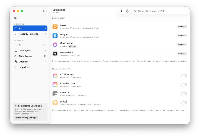 🧭 #优质应用 📂 软件名称：Birth 🍏 支持平台：#macOS  📊 软件价格：免费 🪟 软件简介：一款完全开源透明的 macOS 深度启动项管理器，直击底层 launchd（PID 1）守护进程与后台项