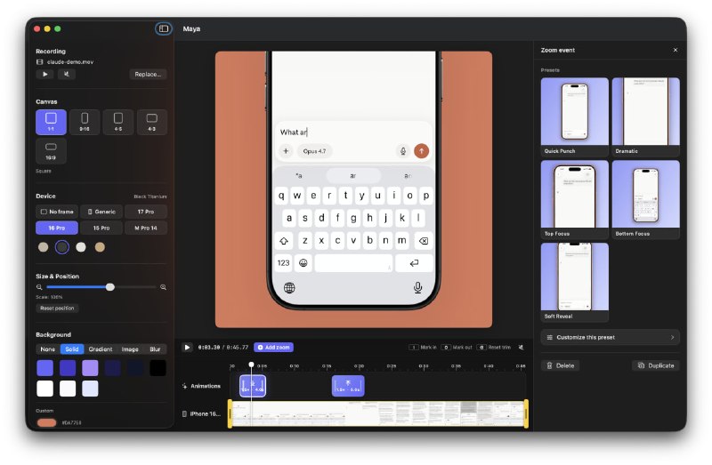 🧭 #优质应用 📂 软件名称：Maya 🍏 支持平台：#macOS  📊 软件价格：免费 🪟 软件简介：一款开源 macOS 录屏包装神器，直接把干瘪的原始录屏套进带真实倒角的设备模型里，并生成带电影级缩放动效的成品视频