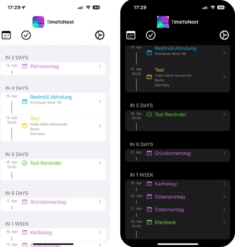 🧭 #应用限免 📂 软件名称：TimeToNext 🍏 支持平台：#iOS 18.0+ #macOS 10.15+ 📊 软件价格：￥8.00 -> ¥0.00 🪟 软件简介：一款日程助手工具，通过访问你的日历或提醒事项权限，能够显示距离、出发时间、事件开始时间等多个关键节点