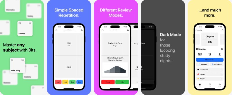 🧭 #应用限免 📂 软件名称：Bits - Smart Flashcards 🍏 支持平台：#iOS 17.6+ 📊 软件价格：内购限免 🪟 软件简介：一款智能闪卡学习工具，通过“间隔重复法”提升学习效率，并配备快速滚动复习模式，帮助你随时掌握知识