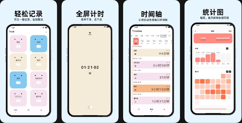 🧭 #应用限免 📂 软件名称：时间痕迹-极简的计时工具 🍏 支持平台：#iOS 14.0+ 📊 软件价格：内购限免 🪟 软件简介：一款生活计时与时间分配记录工具，通过一键开关即可随时记录事件发生的时长