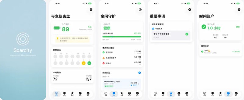 🧭 #优质应用 📂 软件名称：ScarcityTime 🍏 支持平台：#iOS 26.0+ 📊 软件价格：免费 🪟 软件简介：一款心理带宽管理工具，它的目标不是让你“做更多事”，而是帮你打破“总在救火却越来越忙”的循环