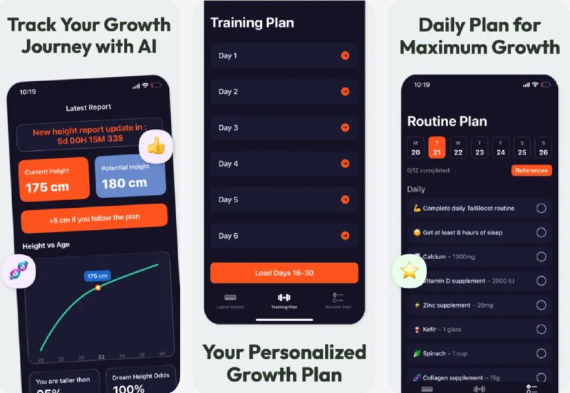 🧭 #应用限免 📂 软件名称：Taller ai height increase 🍏 支持平台：#iOS 18.1+ 📊 软件价格：内购限免 🪟 软件简介： 一款帮助自然增高的AI健身应用，结合科学拉伸、姿势矫正和AI定制训练计划，帮助您站得更高、感觉更自信