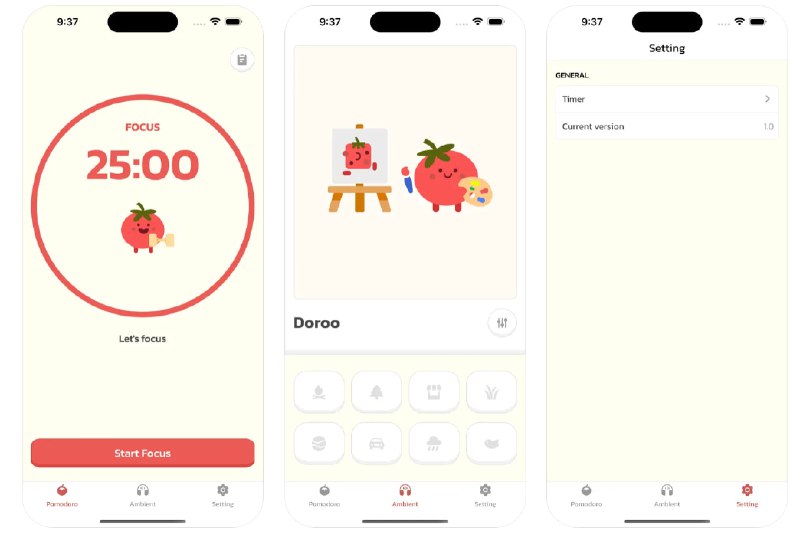 🧭 #优质应用 📂 软件名称：Doroo 🍏 支持平台：#iOS 13.0+ 📊 软件价格：免费 🪟 软件简介：一款番茄钟应用