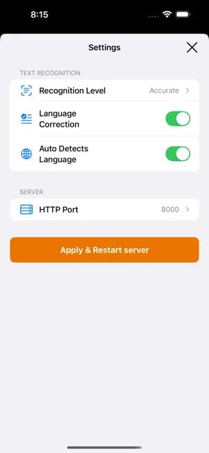 🧭 #优质应用 📂 软件名称：iOS OCR Server 🍏 支持平台：#iOS  📊 软件价格：免费 🪟 软件简介：一个基于苹果 Vision 框架的本地光学字符识别（OCR）服务器，旨在将 iPhone 转变为强大的 OCR 工具