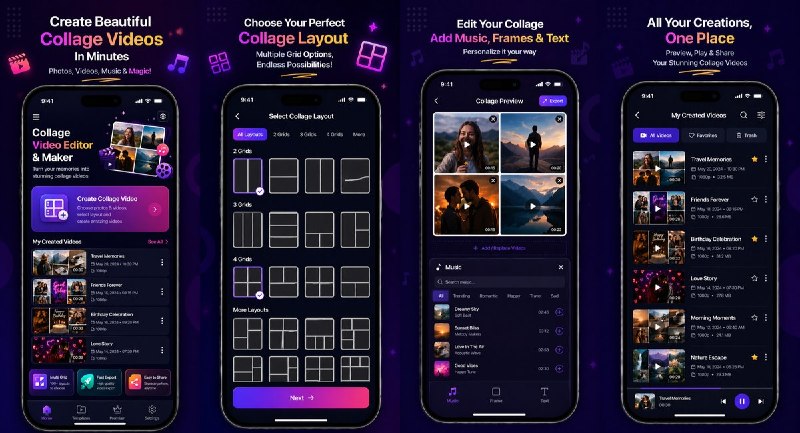 🧭 #应用限免 📂 软件名称： Collage Maker - Video collage 🍏 支持平台：#iOS 15.0+ 📊 软件价格：￥8.00 -> ¥0.00 🪟 软件简介：一款视频与照片拼贴编辑工具，支持多视频同屏拼接、添加背景音乐、多种创意网格布局，可裁剪、添加滤镜特效，导出高清视频适配 Instagram/TikTok 等社交媒体格式