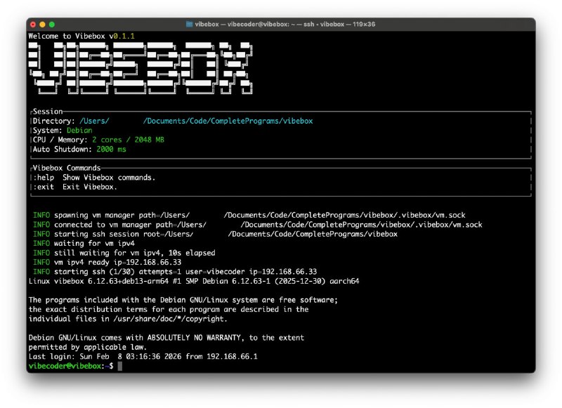 🧭 #优质应用 📂 软件名称：VibeBox 🍏 支持平台：#macOS  📊 软件价格：免费 🪟 软件简介：一个超快速命令行工具，为每个项目提供微型虚拟机（micro-VM）沙盒环境，以便安全地运行编码代理