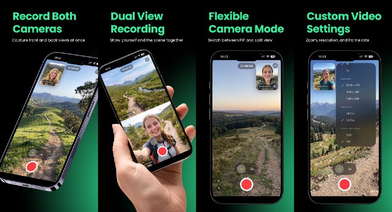 🧭 #应用限免 📂 软件名称：DualCam Master Plus 🍏 支持平台：#iOS 17.0+ 📊 软件价格：￥38.00 -> ¥0.00 🪟 软件简介： 一款前后摄像头同时录制的双摄录像工具，支持画中画双摄视图、自由切换布局和 1x/3x/5x 变焦