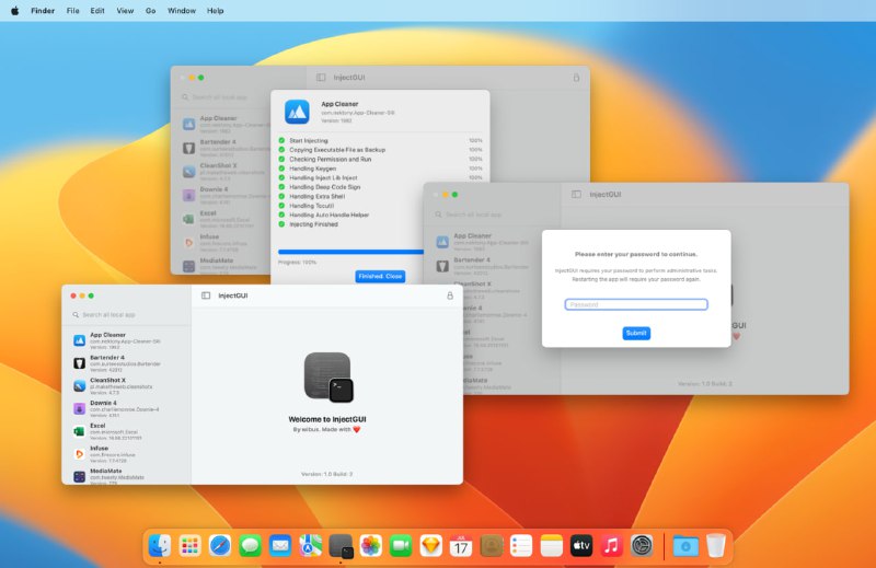 🧭 #优质应用 📂 软件名称：InjectGUI 🍏 支持平台：#macOS 📊 软件价格：免费 🪟 软件简介：一个为macOS设计的集成注入框架的图形用户界面，通过简单的图形界面进行应用程序的注入操作，支持备份可执行文件、检查权限并终止进程、处理密钥生成、深度代码签名、Tccutil以及额外的Shell操作等
