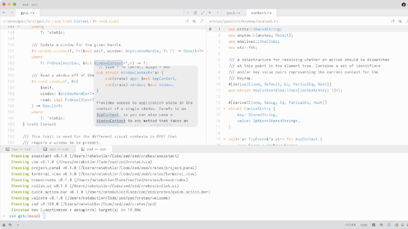 🆔  软件名称：Zed⭐️  软件功能：多人代码编辑器➡️  支持平台：#macOS📁  软件简介：一款高性能的多人代码编辑器，结合了IDE和轻量级编辑器的功能，提供智能提示、语言感知、终端集成等多种功能，让编码变得更加高效和愉快