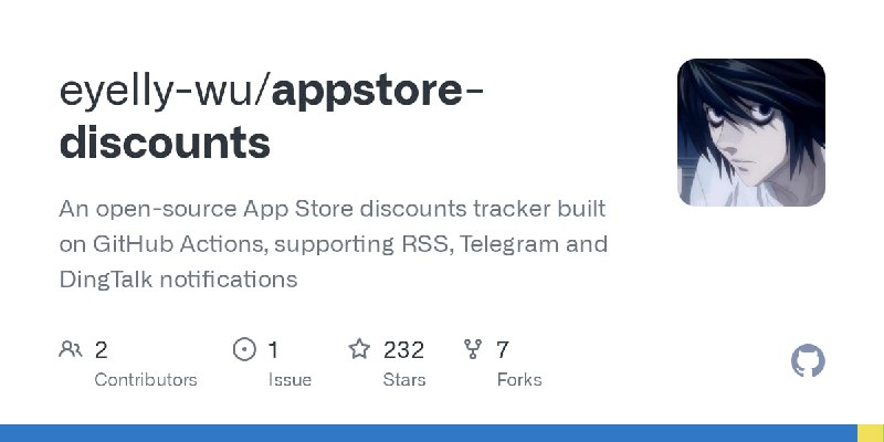 🆔  项目名称：appstore-discounts⭐️  项目功能：Apple Store 折扣信息📁  项目简介：一个App Store折扣信息跟踪器，支持RSS、Telegram和钉钉通知