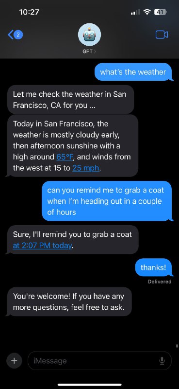 🤖 机器人名称：iChatWithGPT⭐️ 机器人功能：AI聊天📁 机器人简介：一款可以在imessage中使用的AI聊天机器人