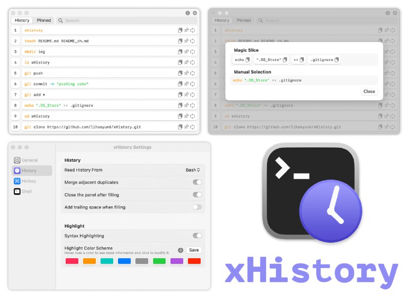 🧭 #优质应用 📂 软件名称：xHistory 🍏 支持平台：#macOS 📊 软件价格：免费 🪟 软件简介：一款基于SwiftUI构建的强大命令行历史记录管理工具，简化用户在终端中的历史命令管理