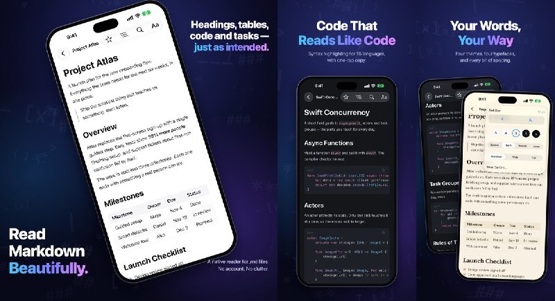 🧭 #应用限免📂 软件名称：NexReader: Markdown Reader🍏 支持平台：#iOS 26.0+📊 软件价格：免费🪟 软件简介：专门阅读 Markdown 文件的工具，支持表格、任务列表、代码高亮和目录导航，可调整字体、主题与行距并记住阅读进度