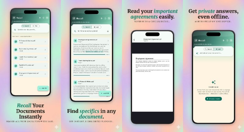 🧭 #应用限免📂 软件名称：Recall Offline-Your Docs, AI Answers, No Ads🍏 支持平台：#iOS 16.0+📊 软件价格：免费🪟 软件简介：一款本地 PDF 智能问答工具，支持全文搜索与端侧 AI 问答，文档处理完全离线、无广告无订阅