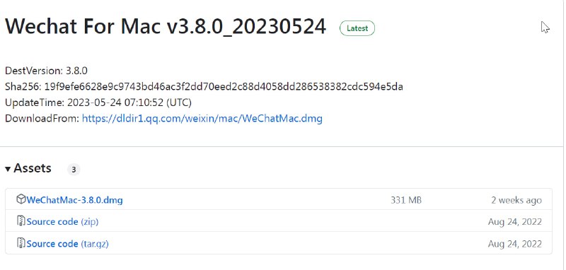 🆔  软件名称：wechat-For-Mac-versions⭐️  软件功能：微信历史版本下载➡️  支持平台：#macOS📁  软件简介：一款下载微信历史版本的项目，项目使用 Github Action 自动下载微信最新版本安装包计算 Hash 值并推送至仓库