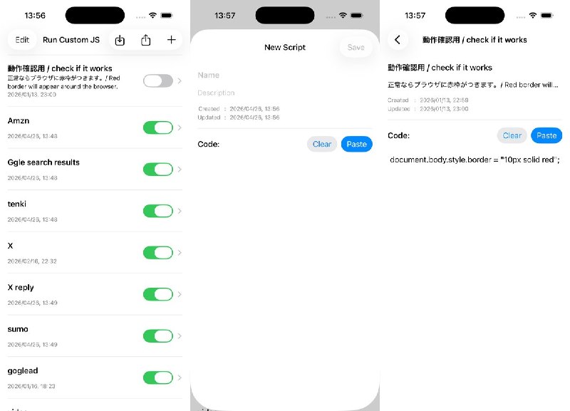 🧭 #应用限免📂 软件名称：Run Custom JS on Background🍏 支持平台：#iOS 17.6+📊 软件价格：免费🪟 软件简介：Safari 自定义 JavaScript 工具，可自动运行书签脚本、执行页面操作与广告拦截；支持代码快速粘贴及配置导入导出，便于在不同设备间迁移脚本