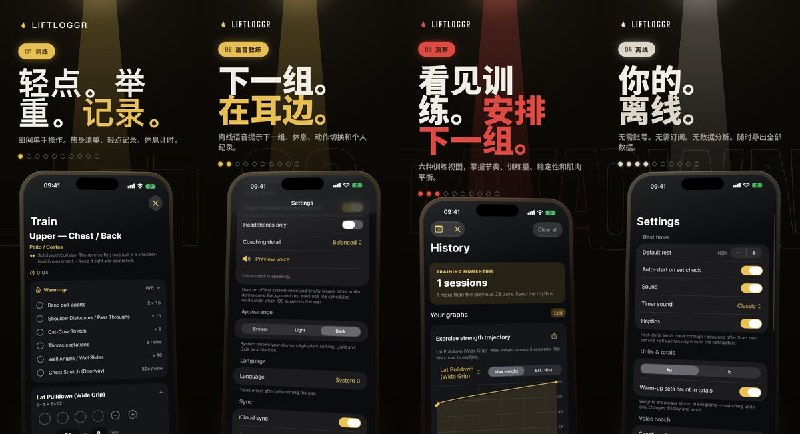 🧭 #应用限免📂 软件名称：LiftLoggr - 快速、私密的训练记录🍏 支持平台：iOS 26.0+📊 软件价格：免费🪟 软件简介：用于力量训练的记录工具，支持一键勾选训练组数、制定重复计划、休息倒计时及训练量统计，也能用 Apple Watch 记录训练
