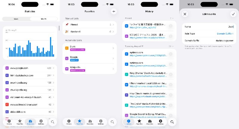 🧭 #应用限免📂 软件名称：BetterHistory🍏 支持平台：iOS 18.0+📊 软件价格：免费🪟 软件简介：一款 Safari 浏览记录管理扩展，自动保存浏览过的页面，支持按日期查看、快速搜索、置顶重要页面及按域名自动整理列表，还可用面容/触控 ID 保护记录并选择性开启 iCloud 同步