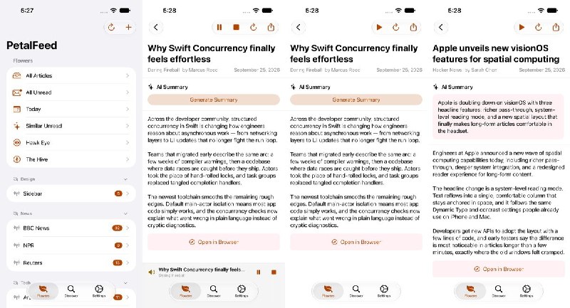 🧭 #应用限免📂 软件名称：PetalFeed: RSS Reader🍏 支持平台：#iOS 26.1+📊 软件价格：免费🪟 软件简介：注重无障碍体验的 RSS 阅读器，支持订阅博客、Reddit 和 YouTube、全文提取与文章朗读，并可导入导出 OPML