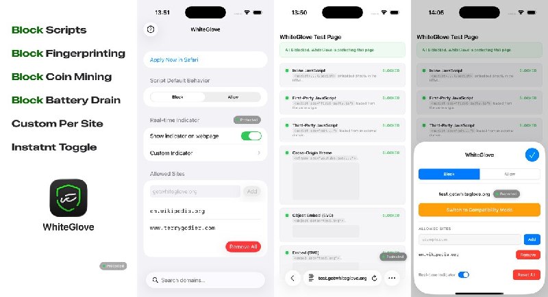 🧭 #应用限免📂 软件名称：WhiteGlove: No Fingerprinting - No script, no mining.🍏 支持平台：iOS 18.0+📊 软件价格：内购限免🪟 软件简介：一款 Safari 防脚本追踪扩展，让你完全掌控网页 JavaScript 的执行——拦截以保护隐私、放行以确保兼容，浮动指示器一键切换，并支持按域名精细设置黑白名单